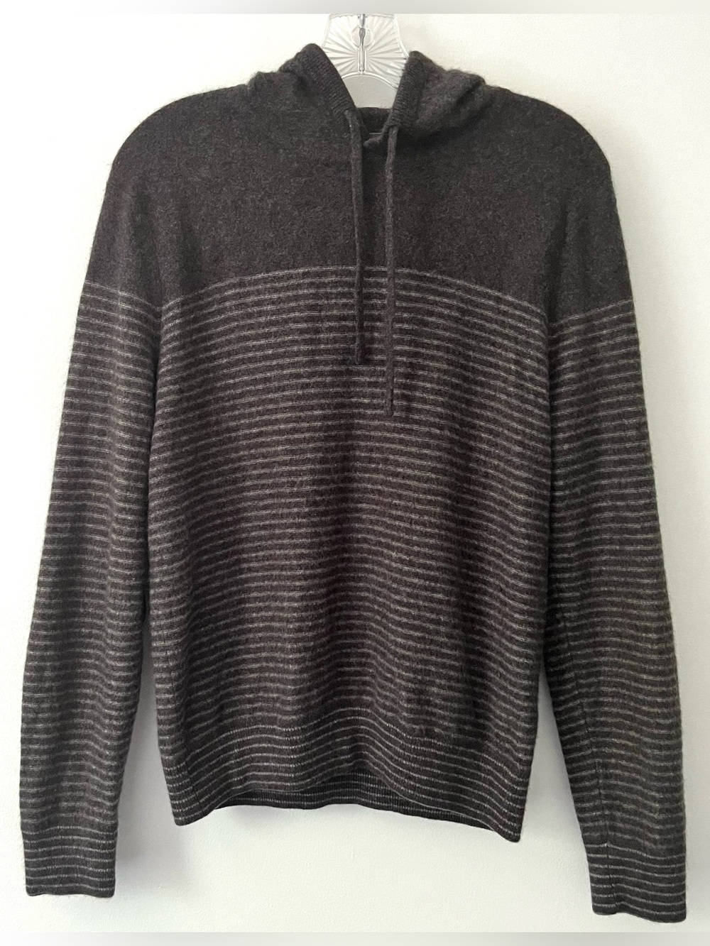 Vince 100% Cashmere Gray Stripe Elbow Patch Knit Sweater Hoodie Large